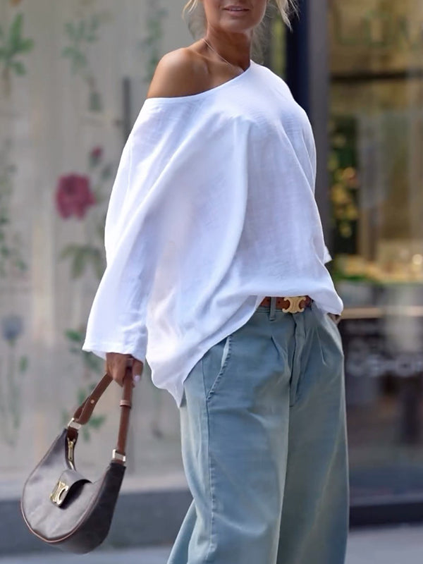 Solid Color Long Sleeves Loose One-Shoulder T-Shirts Tops