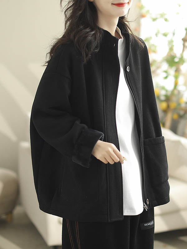 Buttoned Keep Warm Pockets Split-Joint Velvet Zipper Long Sleeves Loose Stand Collar Outerwear