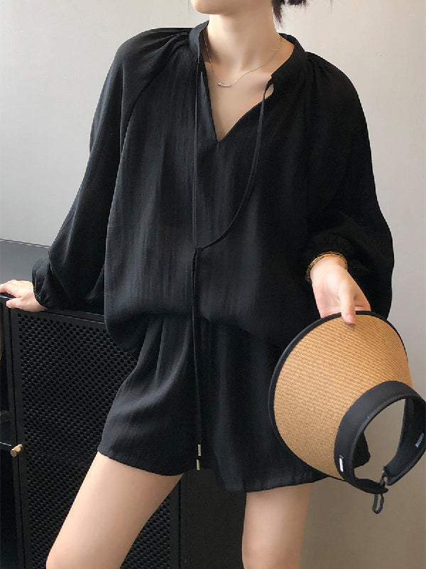 Split-Joint Solid Color  Sun Protection Tied V-neck Long Sleeves Top + Shorts Two Pieces Set