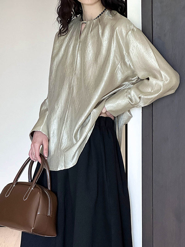 Hollow Shiny Solid Color Long Sleeves Loose Round-Neck Blouses&Shirts Tops