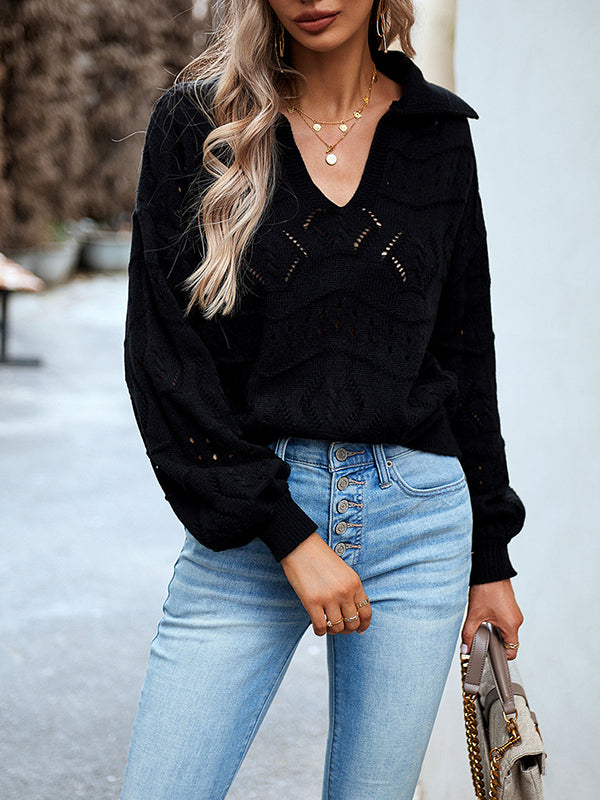 Hollow Solid Color Long Sleeves Loose Lapel Sweater Tops Pullovers