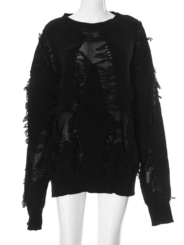 Solid Color Tasseled Long Sleeves Loose Round-Neck Sweater Tops Pullovers