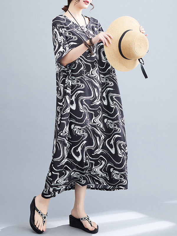 Printed Loose Short Sleeves Round-Neck Midi Dresses
