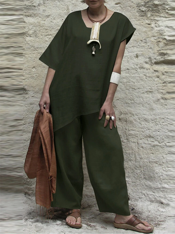 Casual Short Sleeves Loose Asymmetric Solid Color V-Neck Two Pieces Set