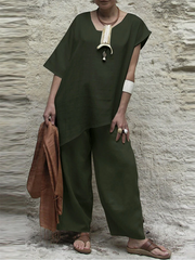 Casual Short Sleeves Loose Asymmetric Solid Color V-Neck Two Pieces Set