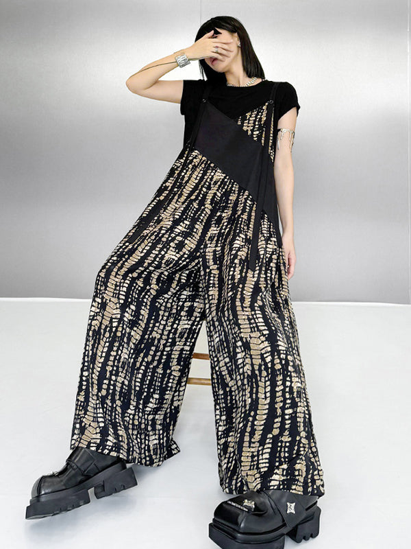 Asymmetric Contrast Color Printed Split-Joint Loose Sleeveless Spaghetti-Neck Overalls