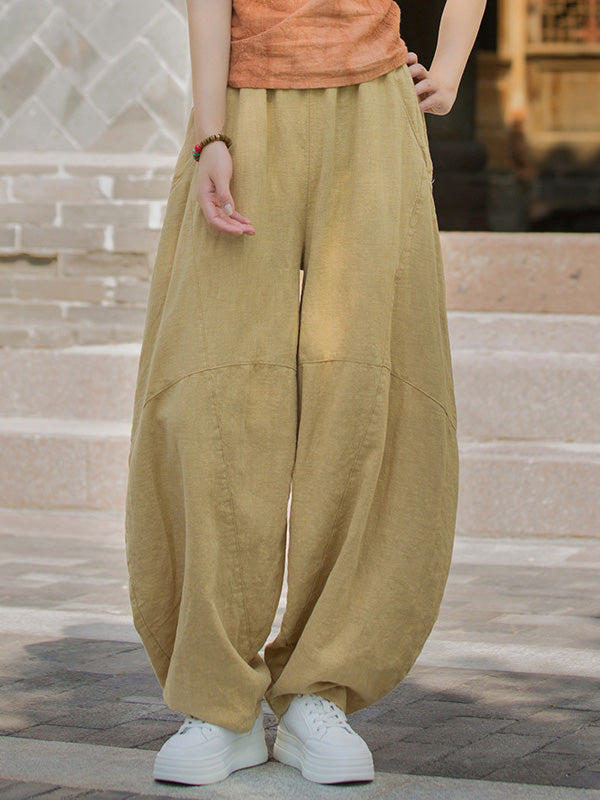 Elasticity Pockets Solid Color Split-Joint Loose Pants Cropped Trousers