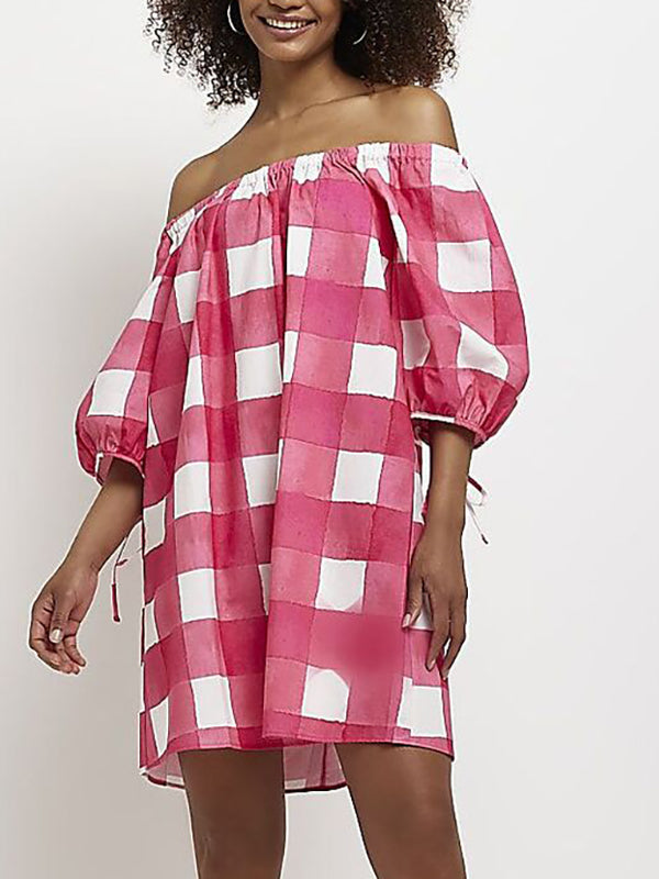 Elasticity Plaid Tied A-Line Half Sleeves Off-The-Shoulder Mini Dresses