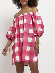 Elasticity Plaid Tied A-Line Half Sleeves Off-The-Shoulder Mini Dresses