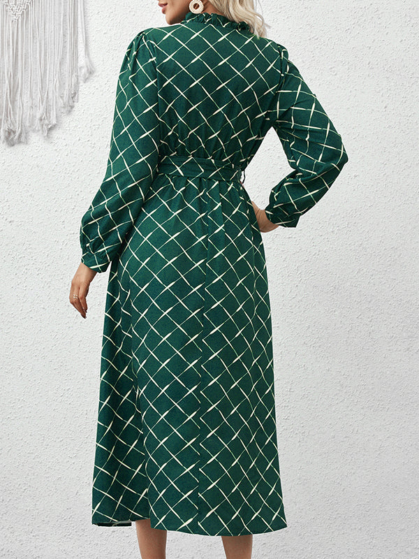 Lace-Up Pleated Split-Joint Tied Waist Loose Puff Sleeves Stand Collar Midi Dresses