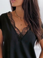 Hollow Solid Color Split-Joint Loose Plus Size V-Neck T-Shirts