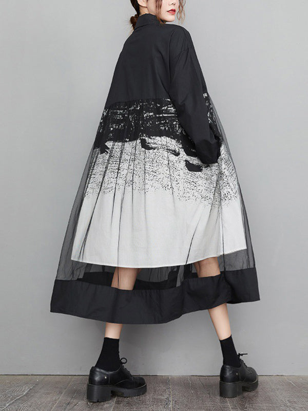 Buttoned Gauze Printed Split-Joint A-Line Long Sleeves Lapel Midi Dresses