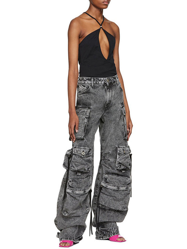 Pleated Pockets Split-Joint Streamer Loose Jean Pants Bottoms