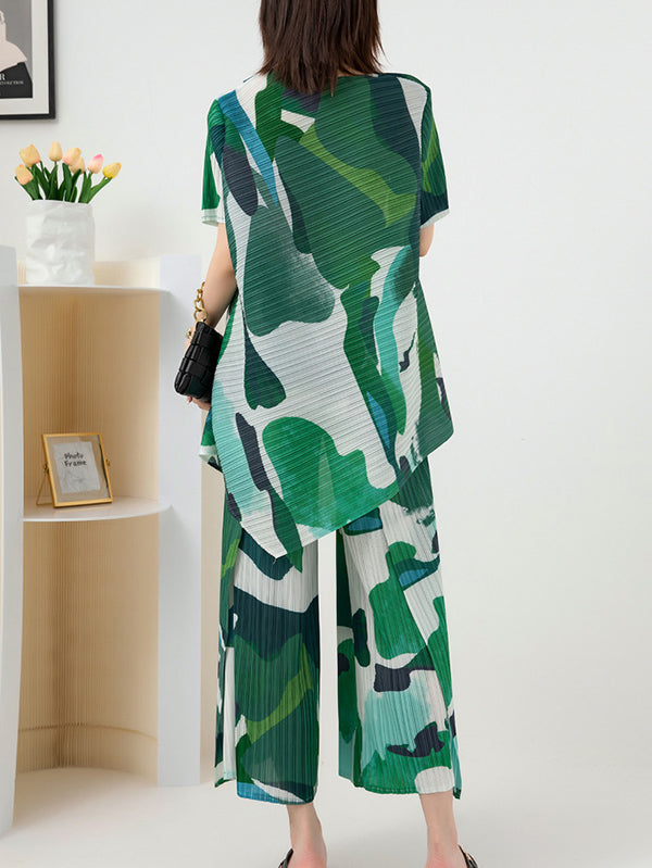 Original Loose Short Sleeves Contrast Color Printed Round-Neck T-Shirt Tops&Wide Legs Pants Two Pieces Set