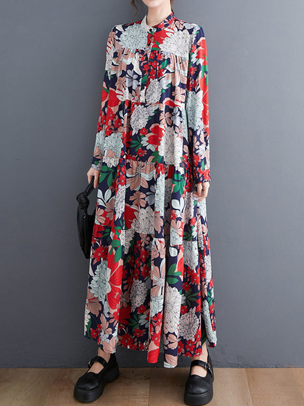 Long Sleeves Loose Floral Printed Round-Neck Midi Dresses
