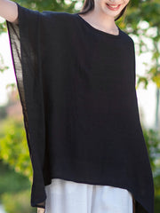 See-Through Solid Color Half Sleeves High-Low Round-Neck Blouses