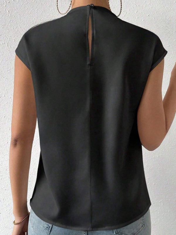 Hollow Pleated Solid Color Loose Sleeveless Mock Neck T-Shirts Tops