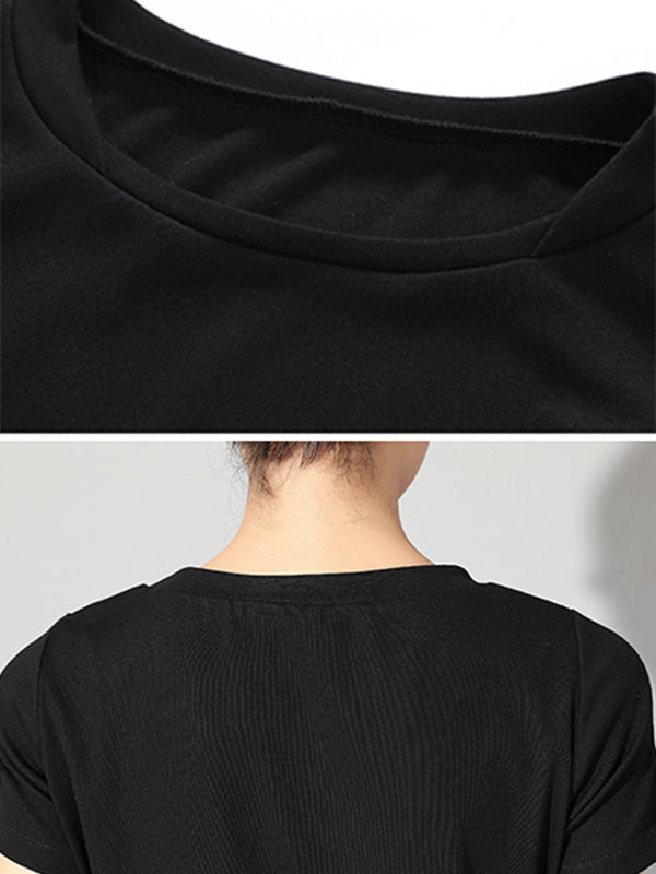 Black Asymmetric Pleats Short Sleeve Round-Neck T-Shirts