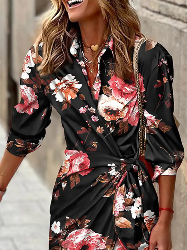 Asymmetric Flower Print Knot High Waisted Long Sleeves V-Neck Shirt Dress Maxi Dresses