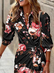 Asymmetric Flower Print Knot High Waisted Long Sleeves V-Neck Shirt Dress Maxi Dresses