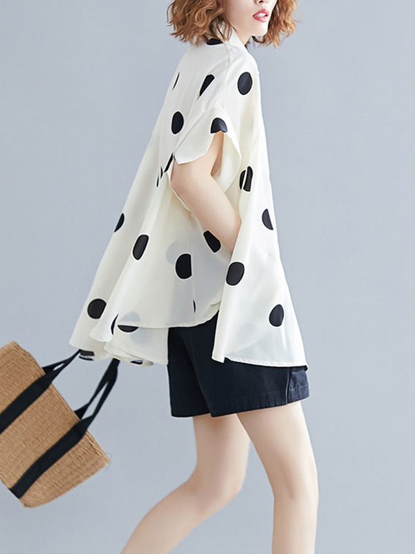 Polka-Dot Batwing Sleeves Loose Lapel Blouses&shirts Tops