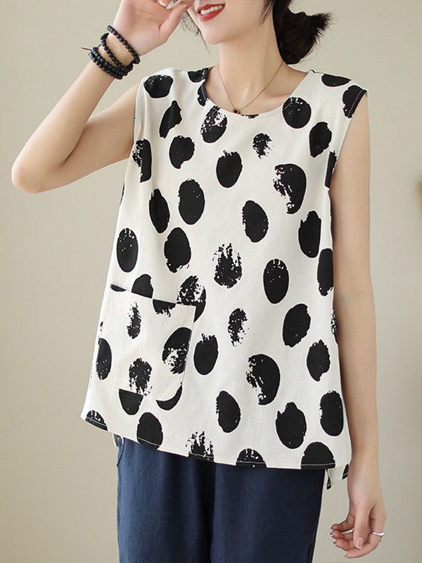 Pockets Polka-Dot Loose Plus Size Round-neck Vest Top