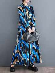 Buttoned Printed Split-Joint A-Line Long Sleeves Stand Collar Shirt Dress Maxi Dresses