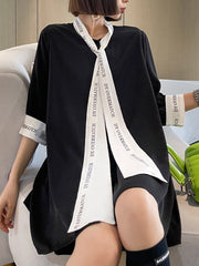 Contrast Color Lace-Up Letter Print Split-Joint Loose Short Sleeves Stand Collar Blouses