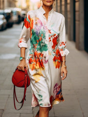 Buttoned Contrast Color Flower Print Long Sleeves Loose Stand Collar Shirt Dress Midi Dresses