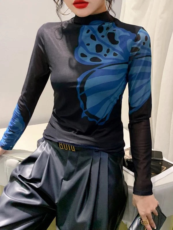 Butterfly Print Split-Joint Long Sleeves Skinny Mock Neck T-Shirts Tops