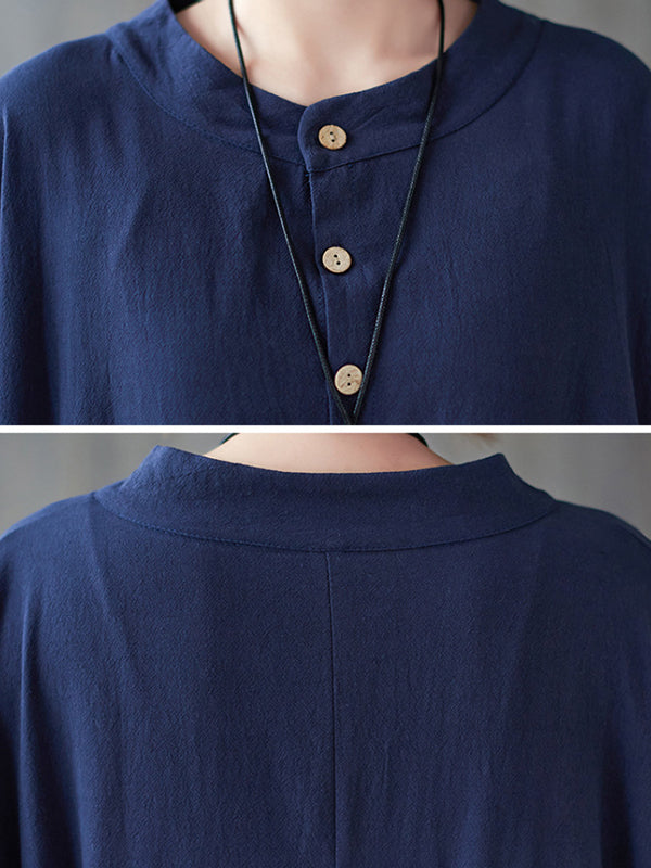 Pleated Solid Color Loose Puff Sleeves Stand Collar Midi Dresses