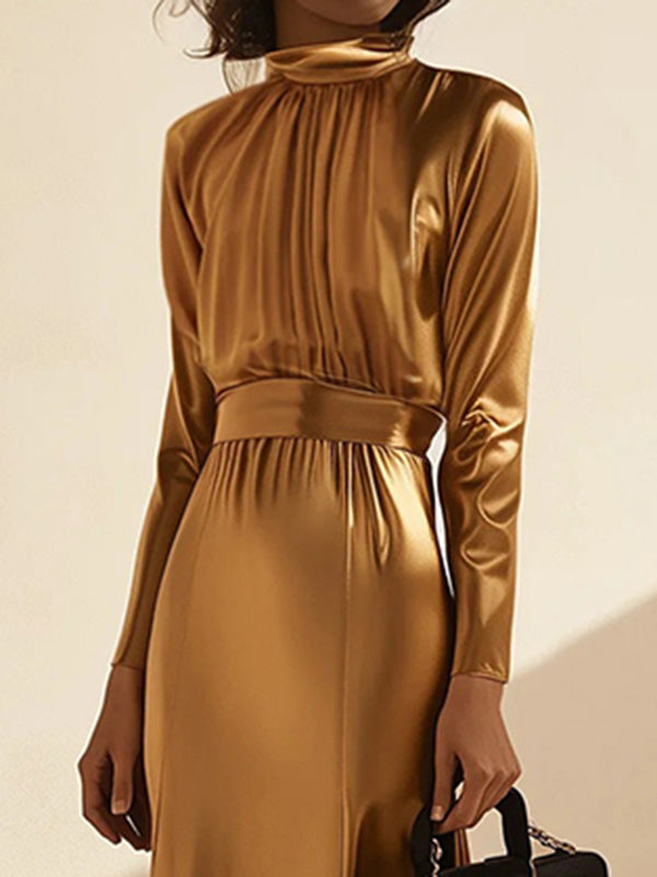 Pleated Shiny Solid Color Split-Joint Tied Waist Long Sleeves Loose High Neck Maxi Dresses Evening Dresses