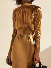 Pleated Shiny Solid Color Split-Joint Tied Waist Long Sleeves Loose High Neck Maxi Dresses Evening Dresses