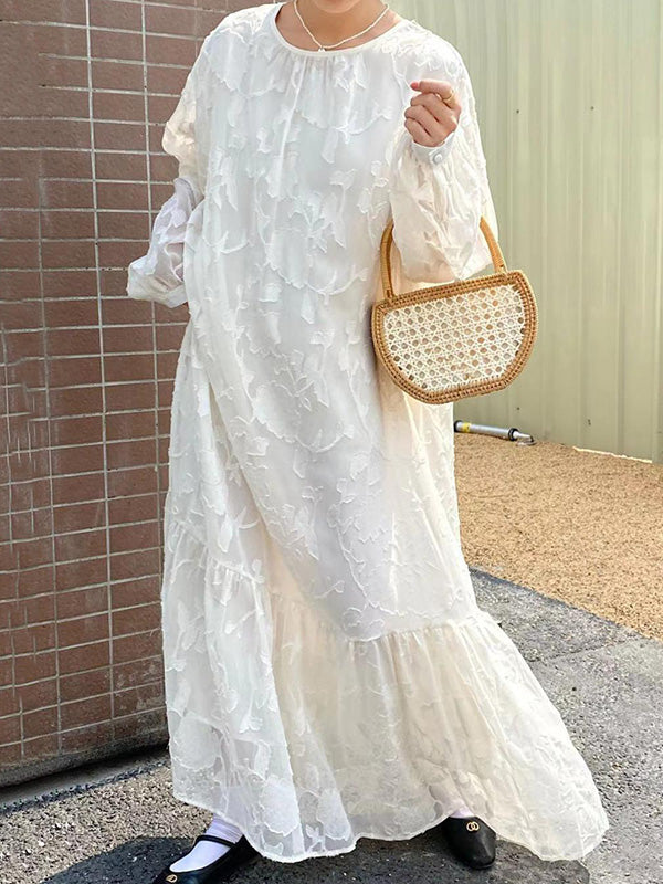 Flower Print Pleated Solid Color Split-Joint Tied Waist Long Sleeves Loose Round-Neck Maxi Dresses