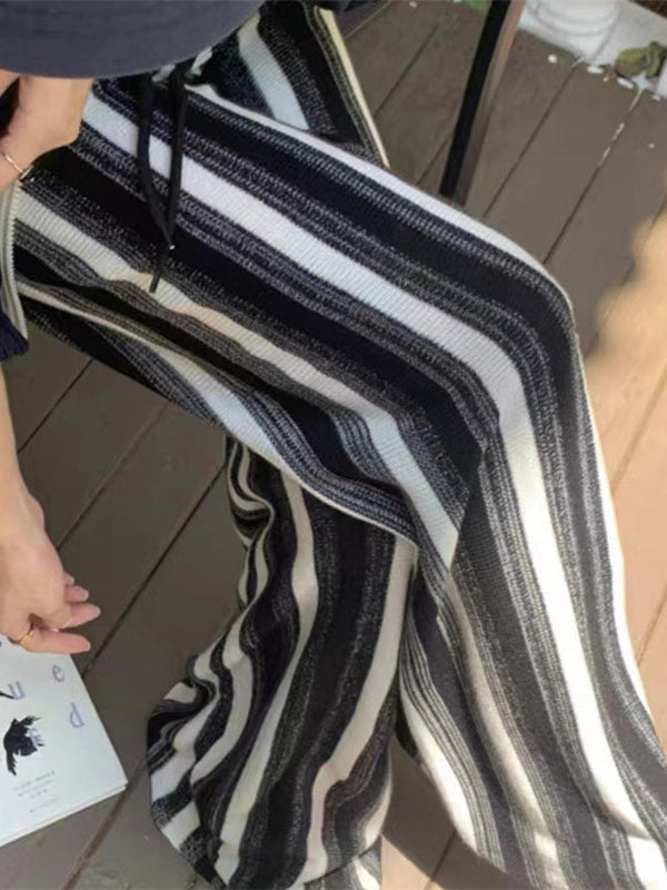 Contrast Color Drawstring Elasticity Split-Joint Striped Loose Wide Leg Trousers Pants