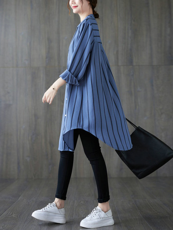 Buttoned Striped Long Sleeves Loose Blouses&Shirts Tops
