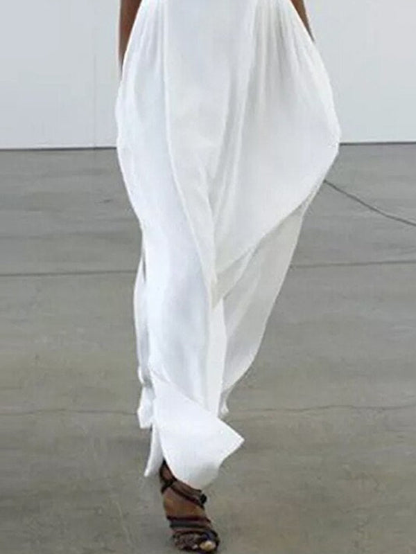 Hollow Solid Color Loose Sleeveless Round-Neck Maxi Dresses
