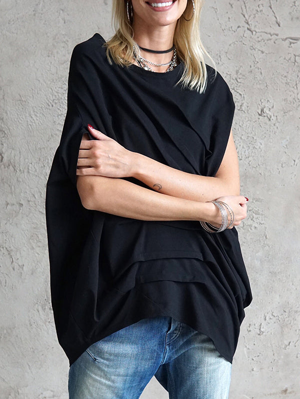 Pleated Solid Color High-low Loose Round-neck T-Shirts Tops