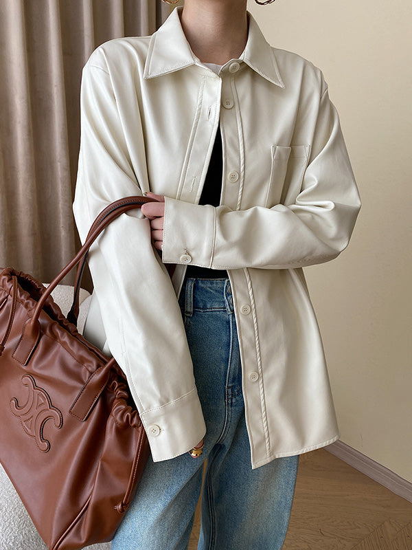 Buttoned Pockets Solid Color Long Sleeves Loose Lapel Outerwear Jackets