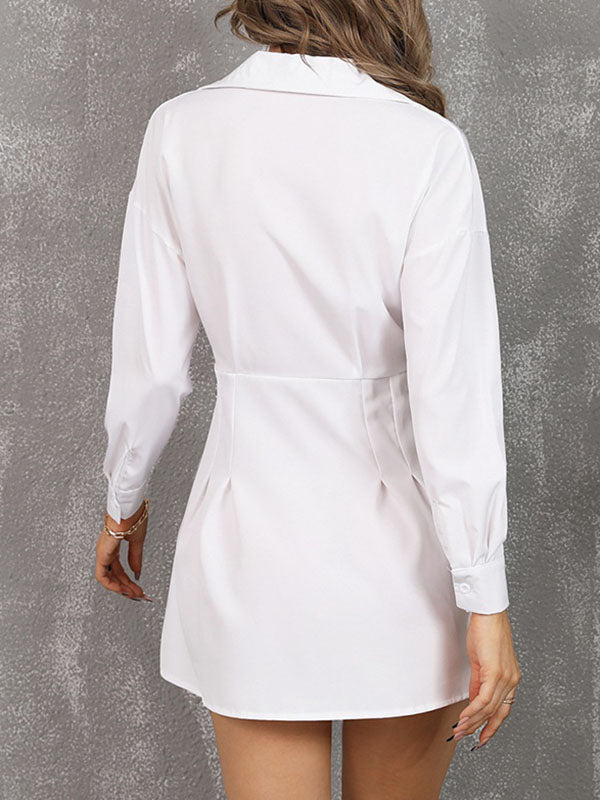 Buttoned No Belt Pleated Pockets Solid Color A-Line High Waisted Notched Collar Shirt Dress Mini Dresses