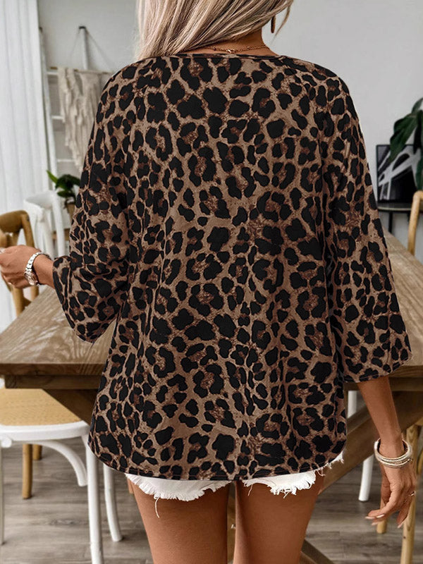 Drawstring Leopard Printed Loose Three-Quarter Sleeves V-Neck Blouses&Shirts Tops