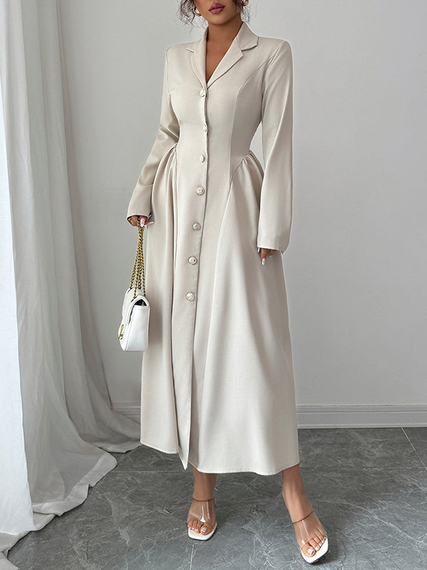 Buttoned Pleated Solid Color Split-Joint A-Line High Waisted Notched Collar Shirt Dress Maxi Dresses