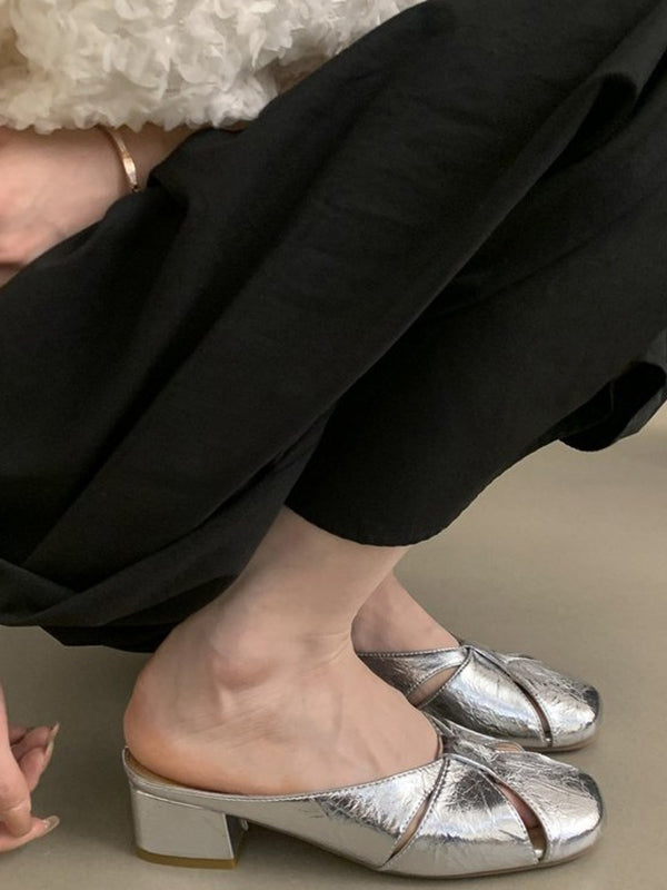 Hollow Round-Toe Shiny Slippers&Mules Pumps