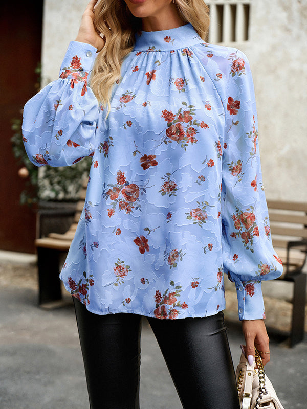 Flower Print Tied Long Sleeves Loose Mock Neck Blouses&Shirts Tops