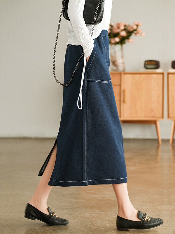 Simple Split-Joint Side Pocket A-Line Denim Skirt