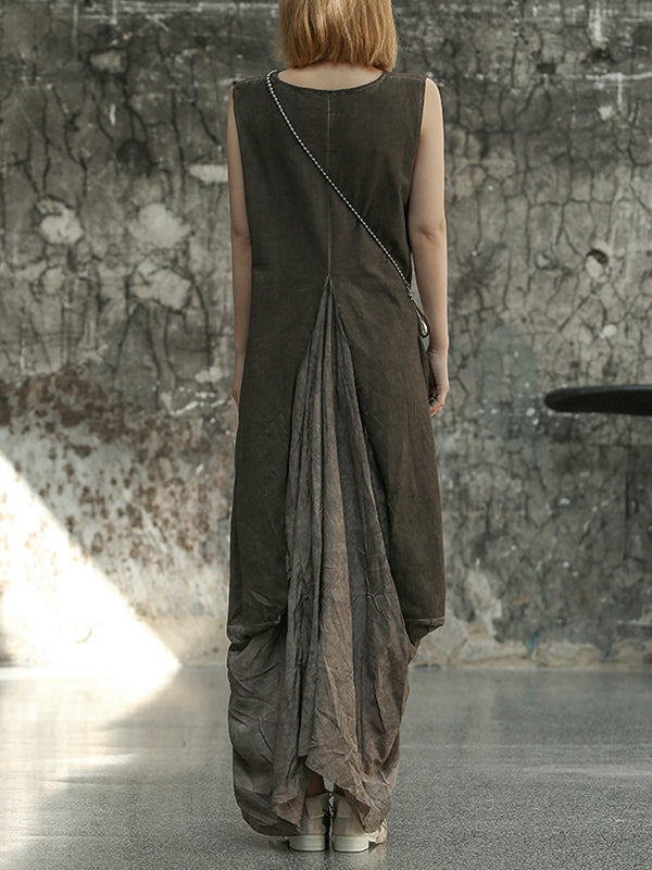 Pleated Split-Joint Loose Sleeveless Round-neck Maxi Dresses