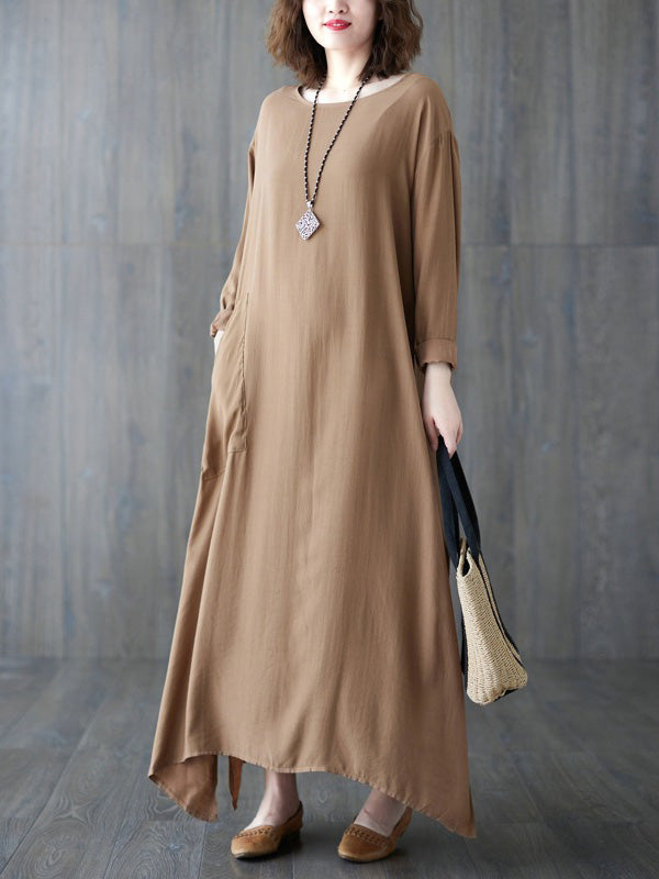 Casual Long Sleeves Loose Solid Color Round-Neck Maxi Dresses