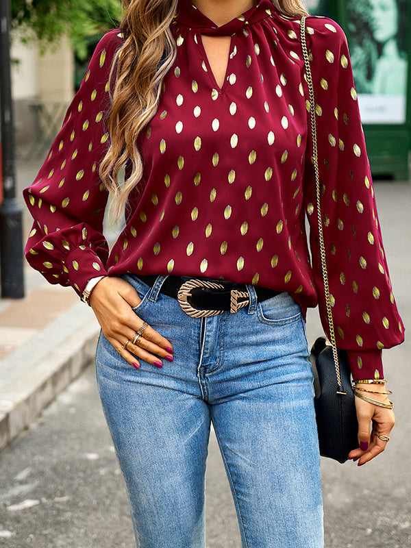 Bronzing Hollow Long Sleeves Loose Mock Neck Blouses&Shirts Tops