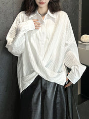 Buttoned Solid Color Long Sleeves Loose Lapel Blouses&Shirts Tops