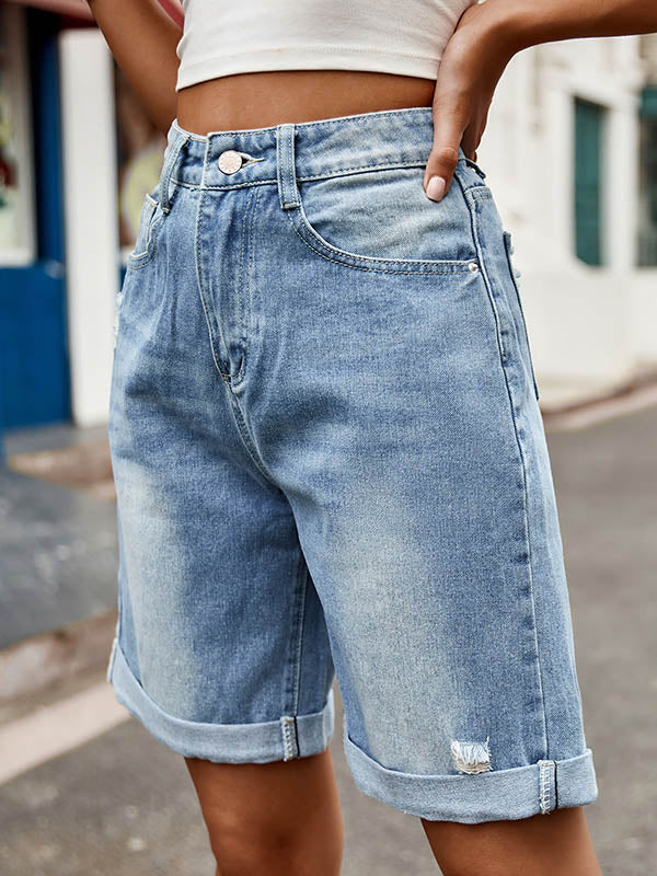 Buttoned Pockets High Waisted Loose Shorts Bottoms Jean Pants Bottoms